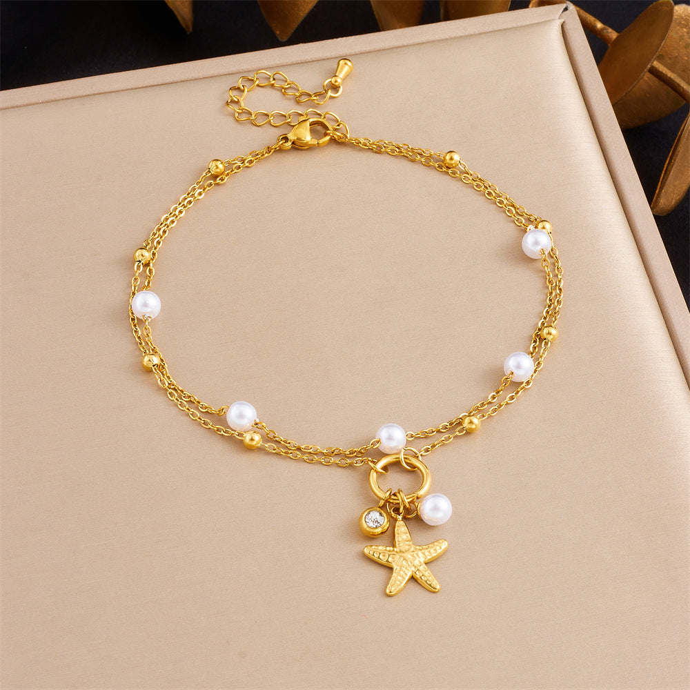 Double Layer Stainless Steel Anklet with Rhinestone Cherry Starfish Flower and Star Moon Charms for Women
