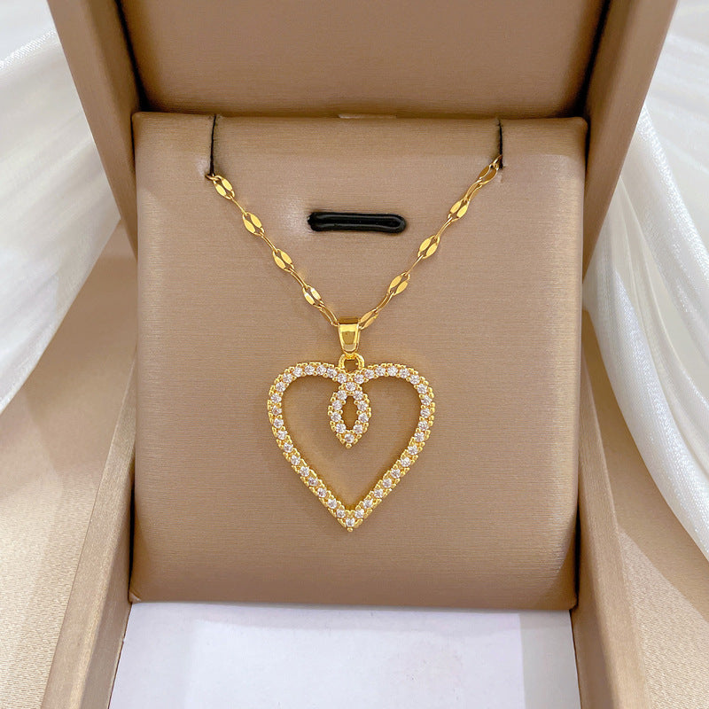 Luxury Minimalist Sweet Geometric Titanium Steel Stainless Steel Necklace with Rhinestone Inlay for Women