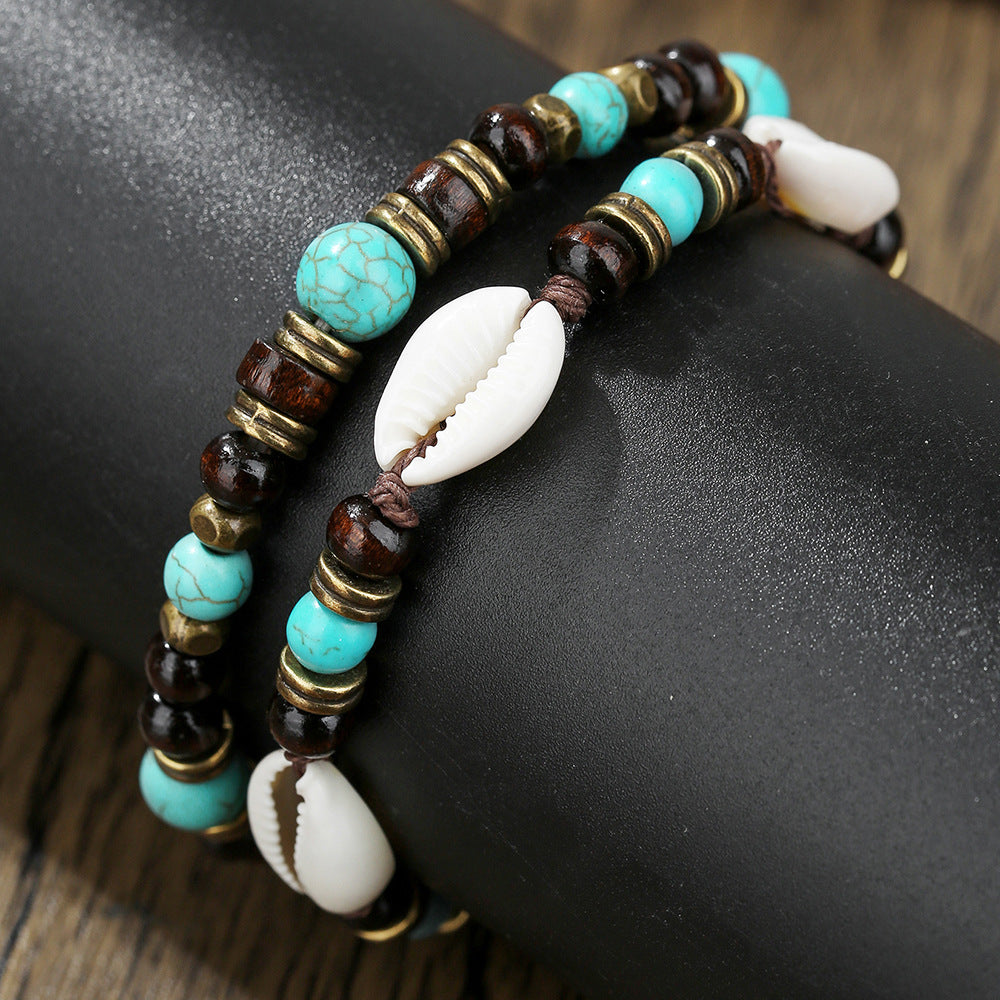 Bohemian Ethnic Geometric Wood Turquoise Beaded Adjustable Bracelet