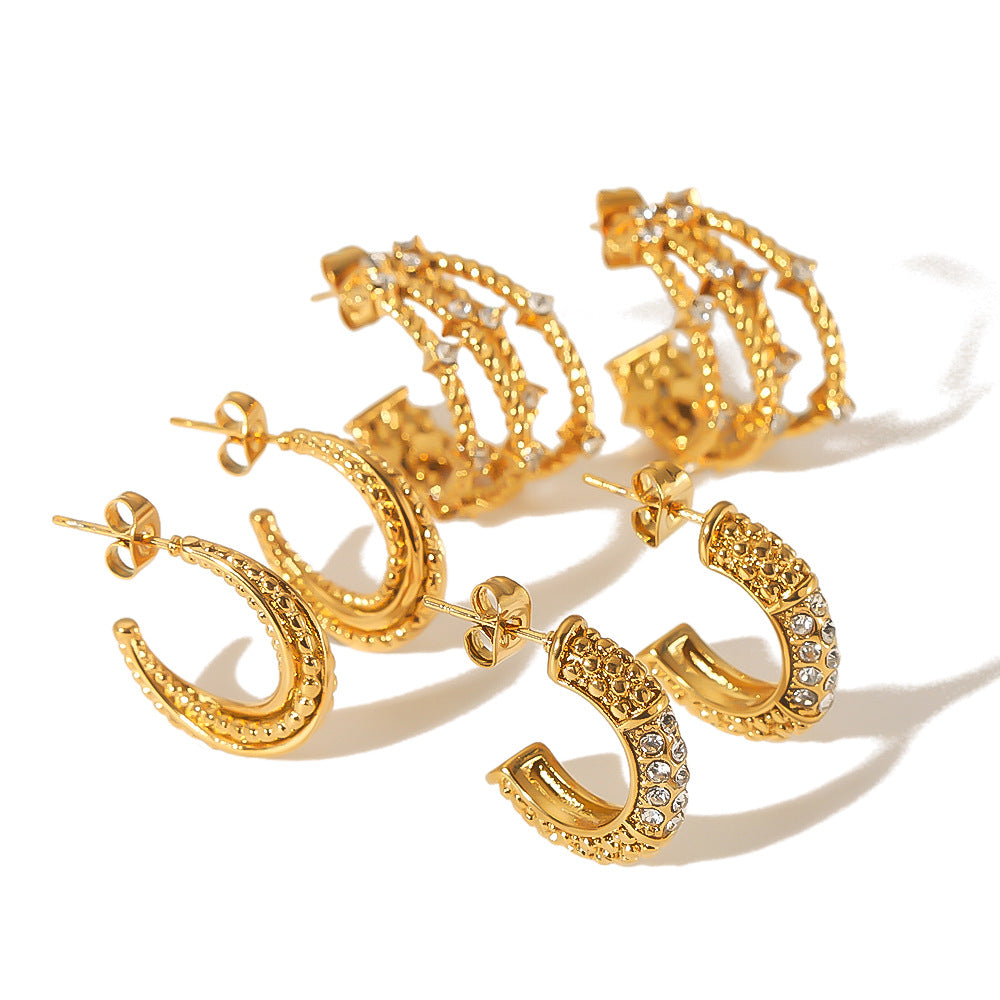 Geometric Stainless Steel Earrings with Zircon Inlay and Vacuum Gold Plating for Women