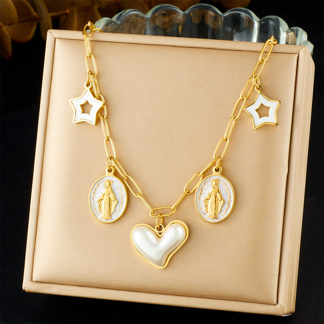 Chic Gold Plated Stainless Steel Heart Bow Floral Pendant Necklace Curb Chain