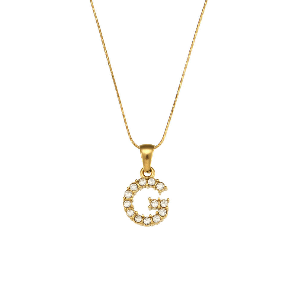 Fashion Minimalist Letter Pendant Necklace in Stainless Steel with 18K Gold Plating and Cubic Zirconia on Thin Snake Chain for Women