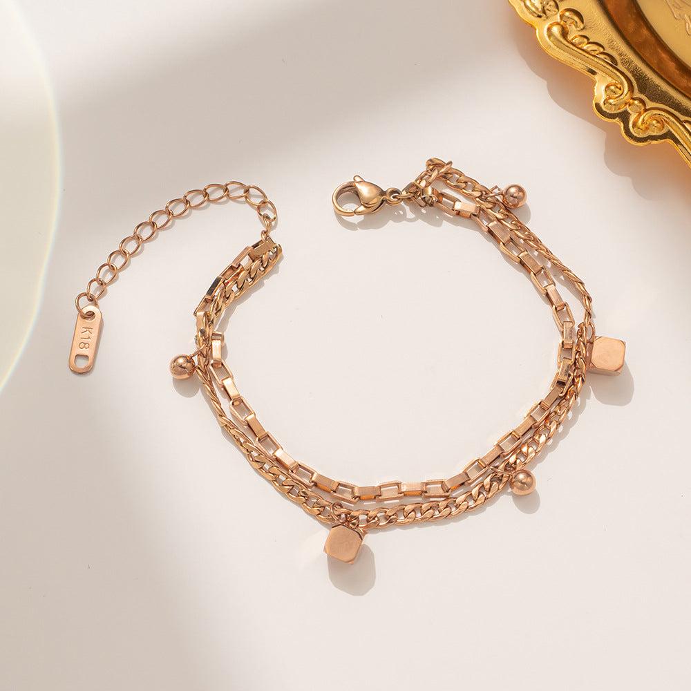 Fashion Titanium Steel Geometric Double Layer Bracelet for Women with Gold Plating and Lucky Beads