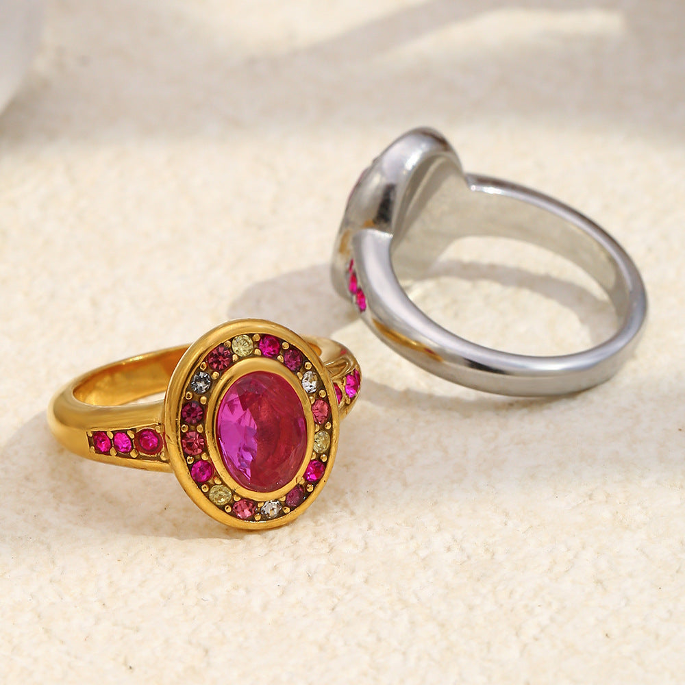 Minimalist Geometric Stainless Steel Ring with 18K Gold Plating and Colorful Zircon Inlay for Women