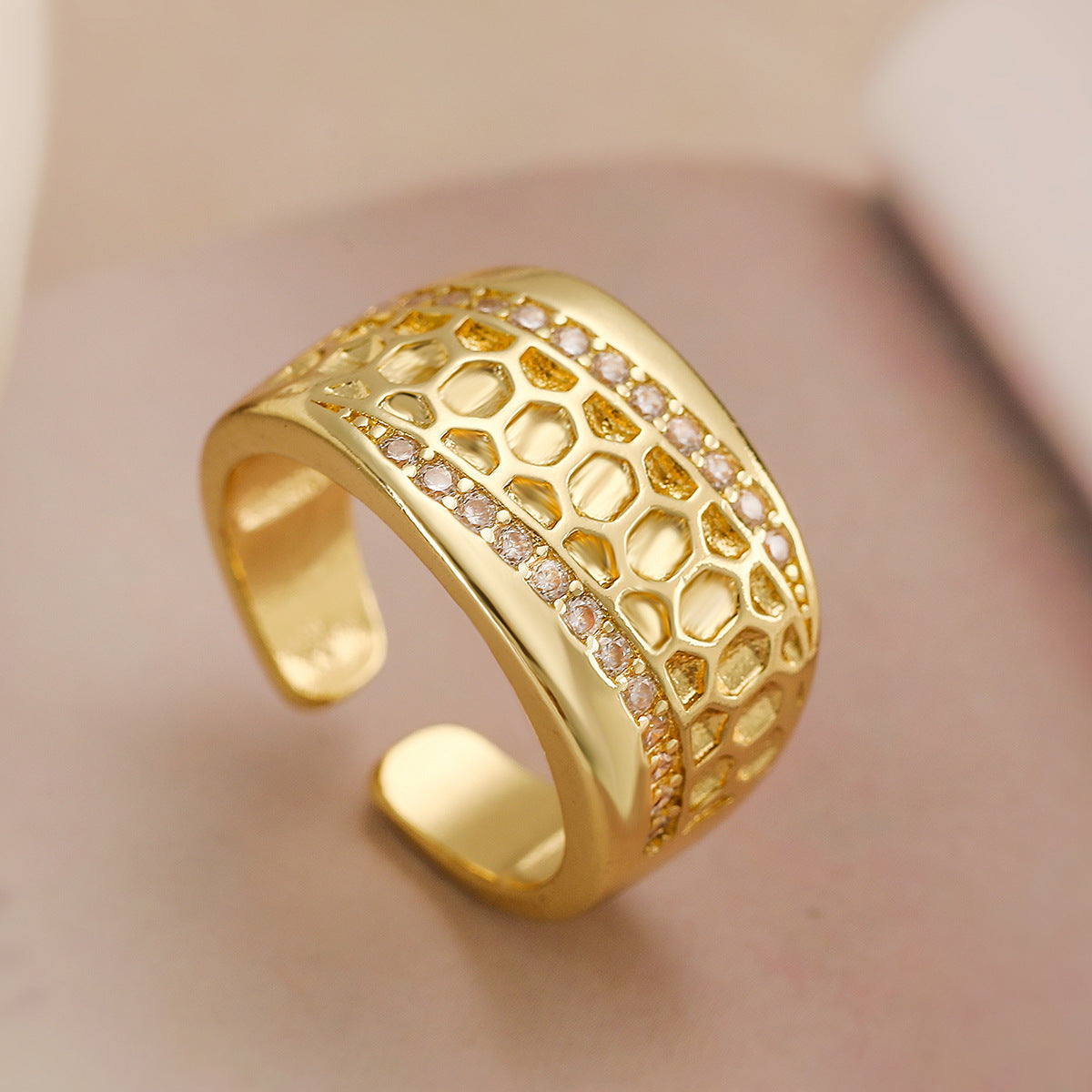 Geometric Wide Band Ring for Women in Copper with 18K Gold Plating and Zircon Inlay, Fashionable Adjustable Open-Style Band
