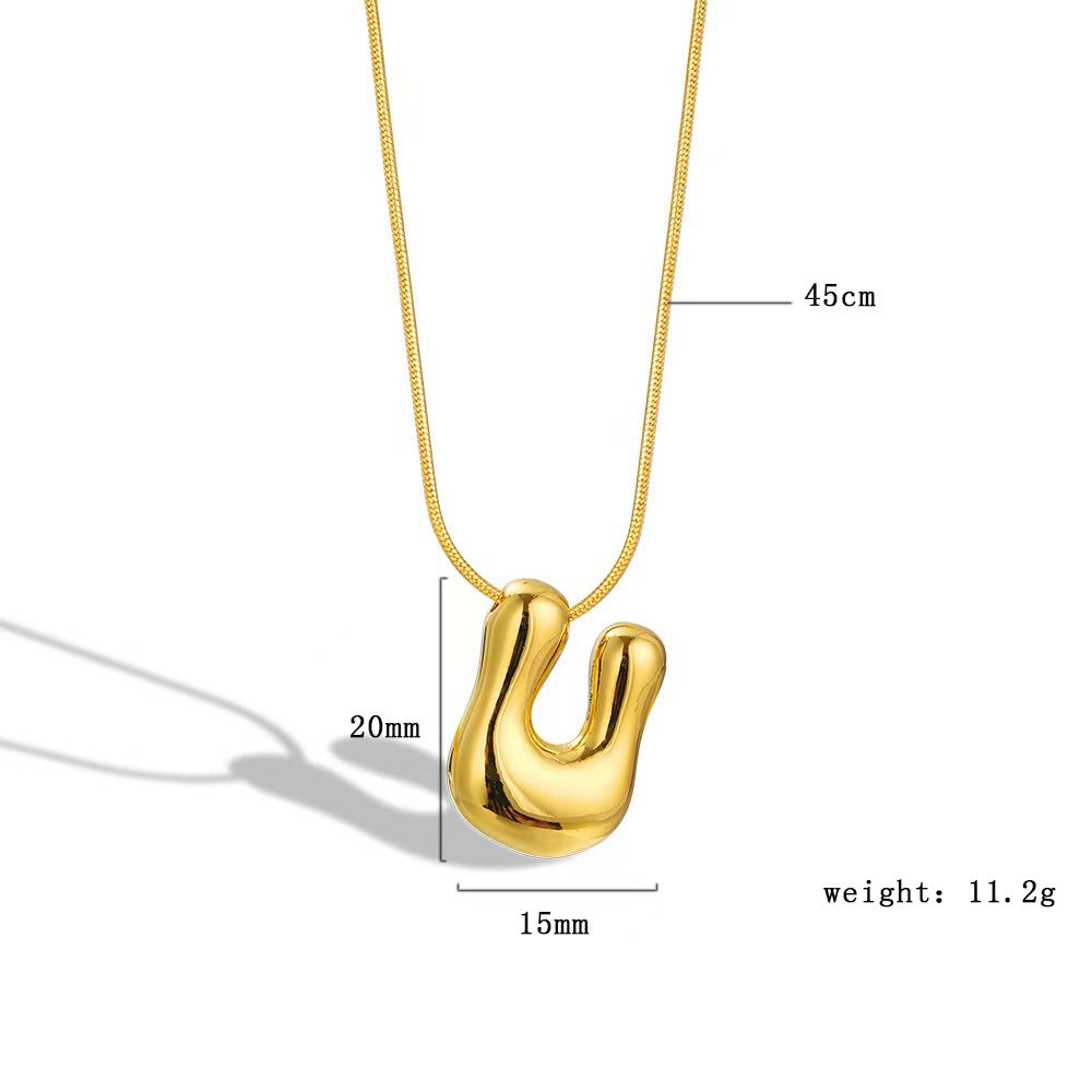 Luxury Balloon Bubble-Shaped Letter Necklace in Titanium Steel with Gold Plating, Snake Chain, Unisex Alphabet Pendant Jewelry