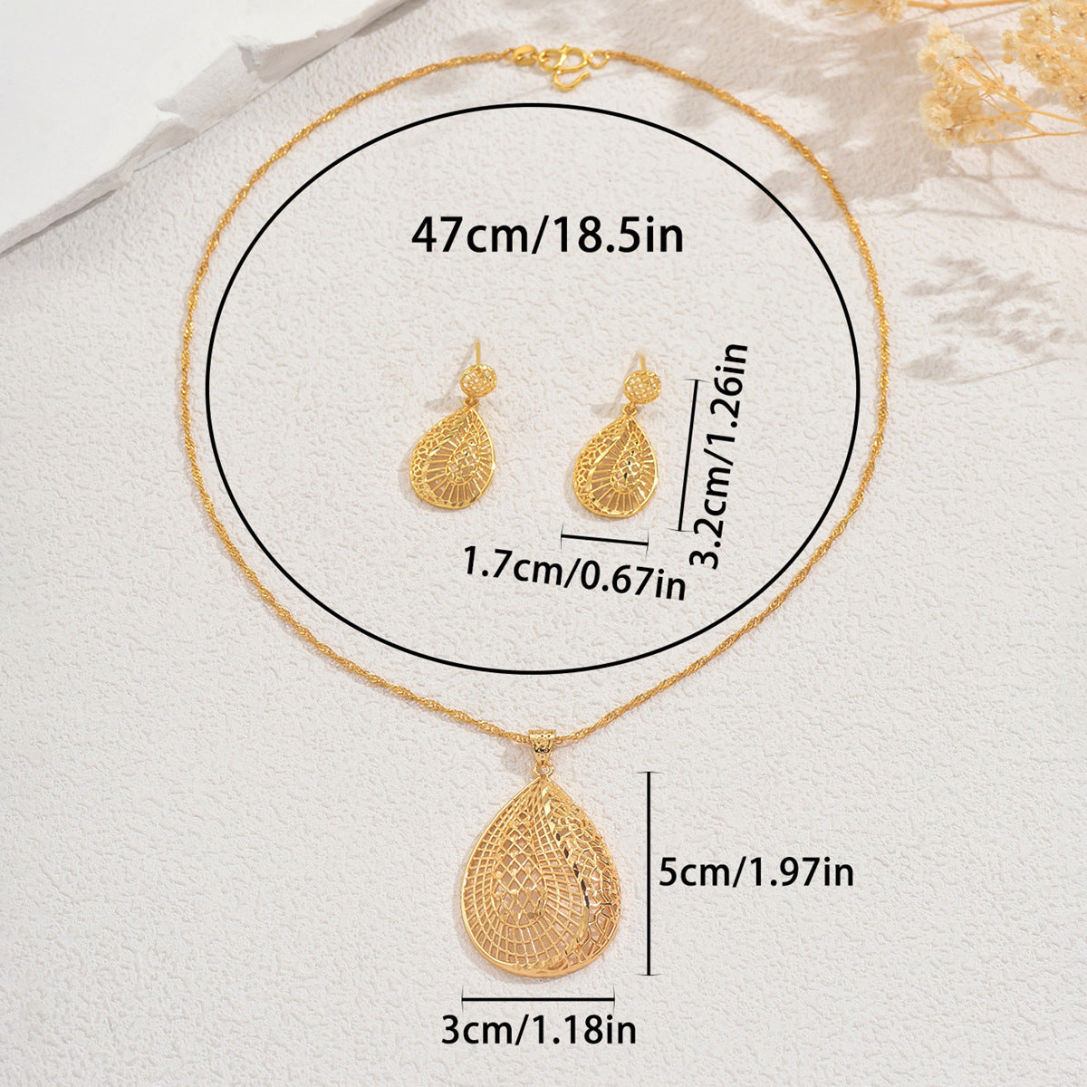 Elegante juego de collar y pendientes de cobre con forma de gota de agua minimalista para mujer con acabado chapado