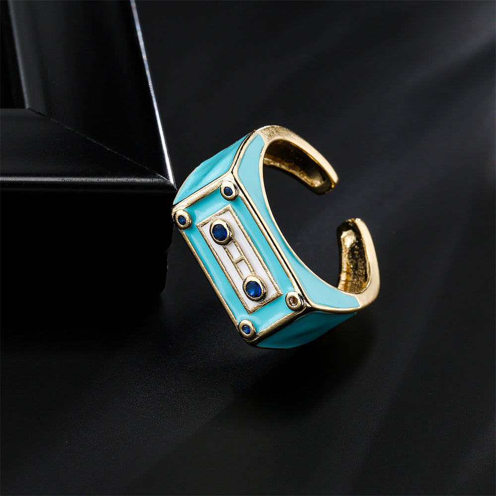Anello aperto regolabile a forma di robot in stile punk in rame con micro incastonatura a pavé