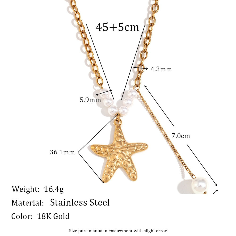 Elegante Collana Pendente da Donna a Forma di Stella Marina in Acciaio Inossidabile Placcato Oro 18K con Perla Imitazione e Nappe