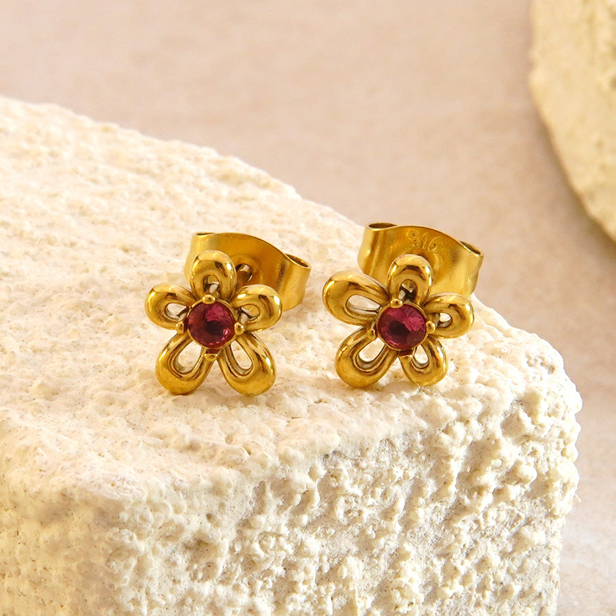 Set collana e orecchini in acciaio inossidabile placcato oro con zirconi cubici, motivo floreale vintage ed elegante