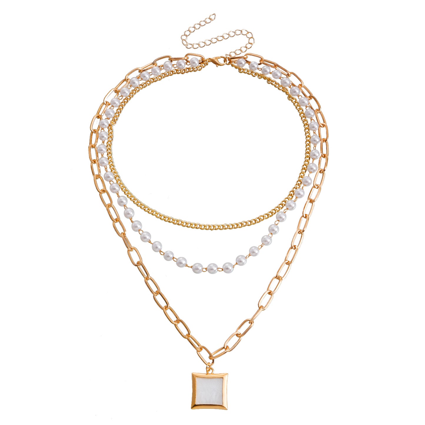 Minimalist Vintage Square Mother-of-Pearl Pendant Necklace for Women with Alloy Chain and Electroplated Finish