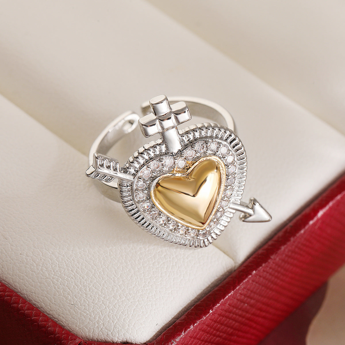 Anello in Rame a Forma di Cuore Geometrico Minimalista da Donna con Placcatura Bicolore e Dettagli Micro-Pavé