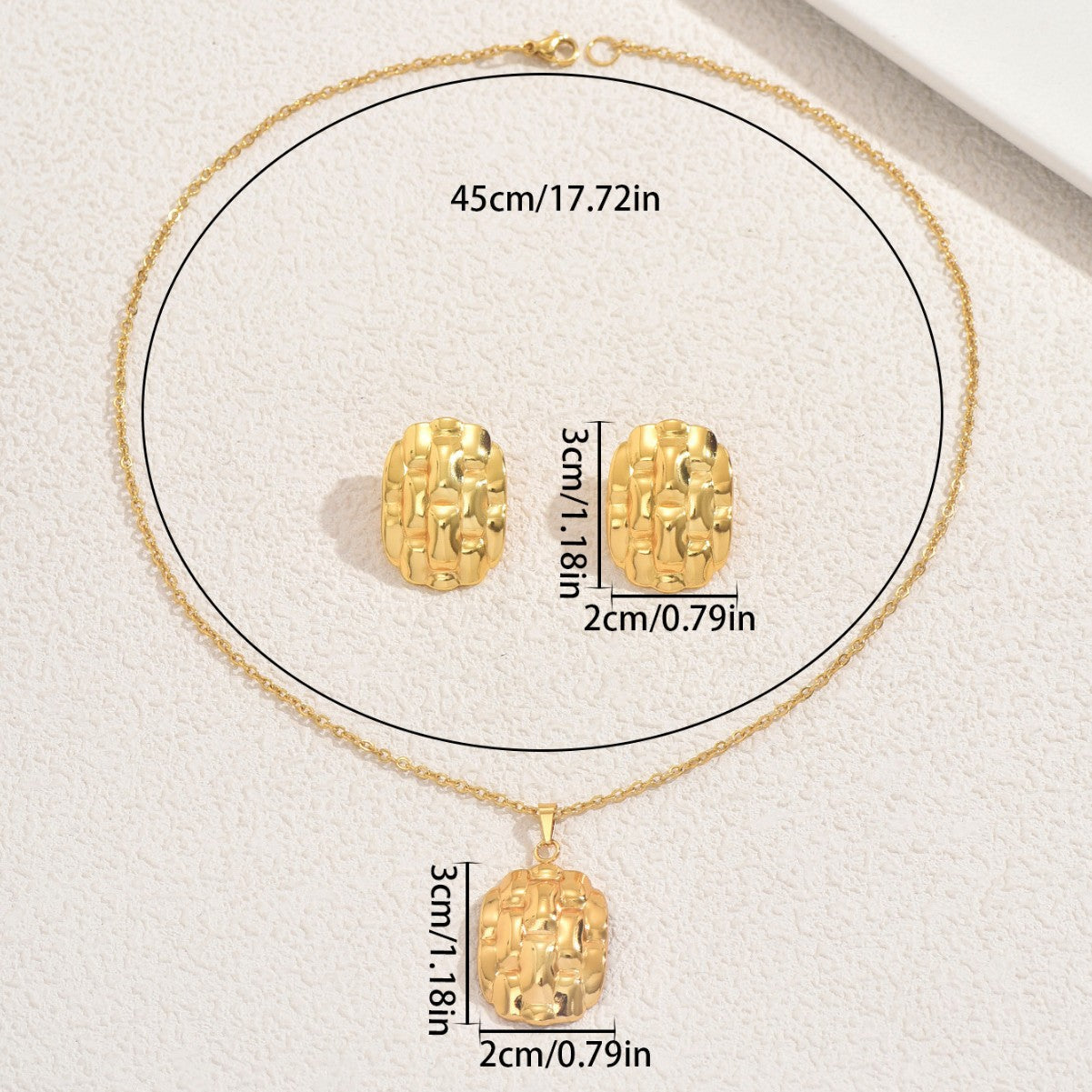 Conjunto de collar y pendientes de mujer irregulares con textura geométrica en aleación con acabado galvanizado para uso diario con estilo