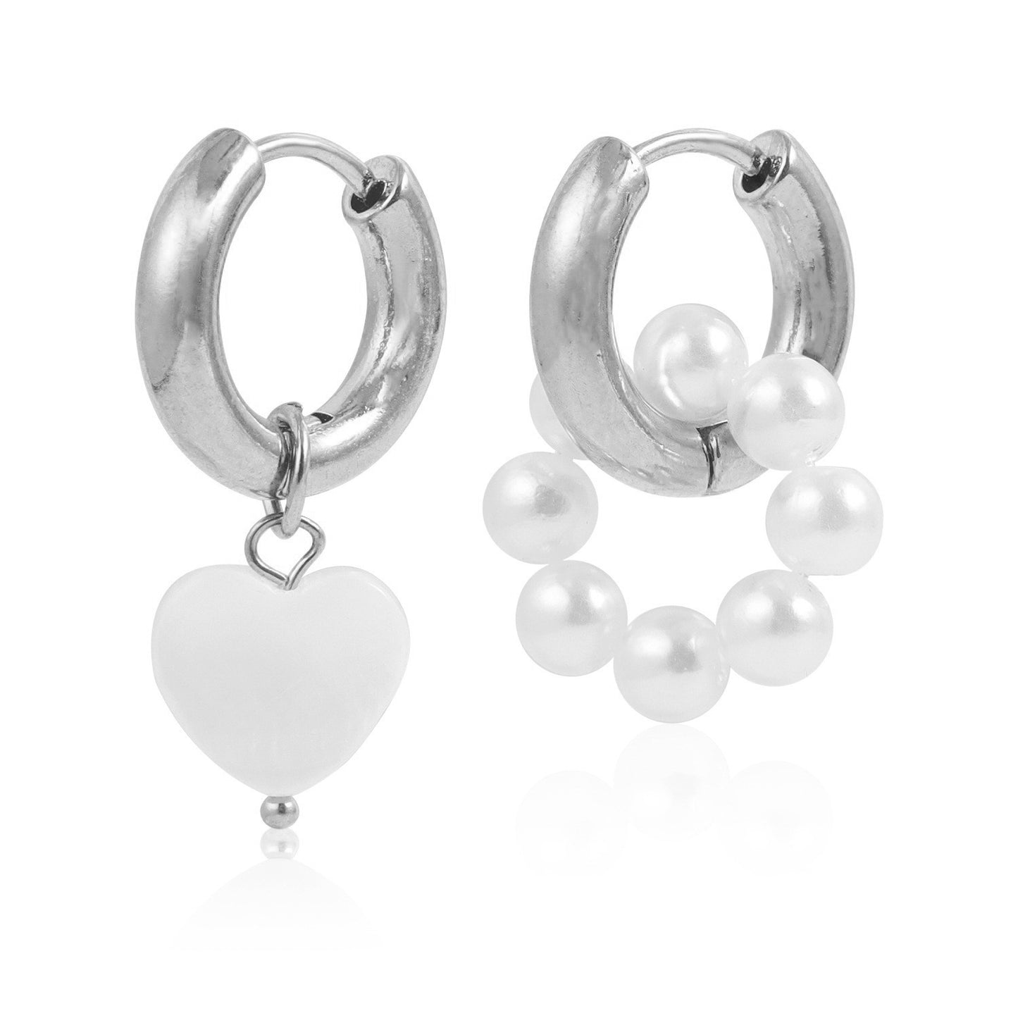 Pendientes de aro doble geométricos de moda con detalles de nácar y perlas de imitación, acabado galvanizado, estilo versátil con clip y gancho
