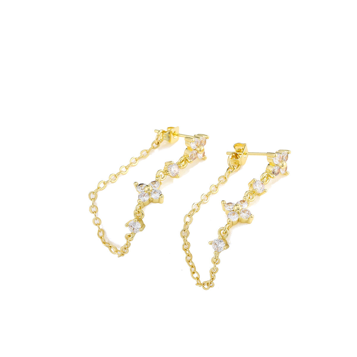 Elegant Gold Plated Brass Floral Rhinestone Drop Earrings for Women