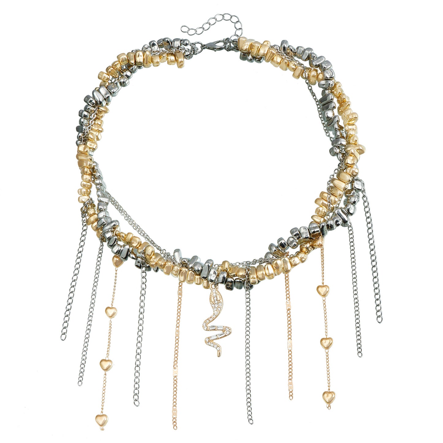 Handmade Irregular Beaded Heart Tassel Snake Pendant Clavicle Necklace in Alloy with Electroplating Finish for Women