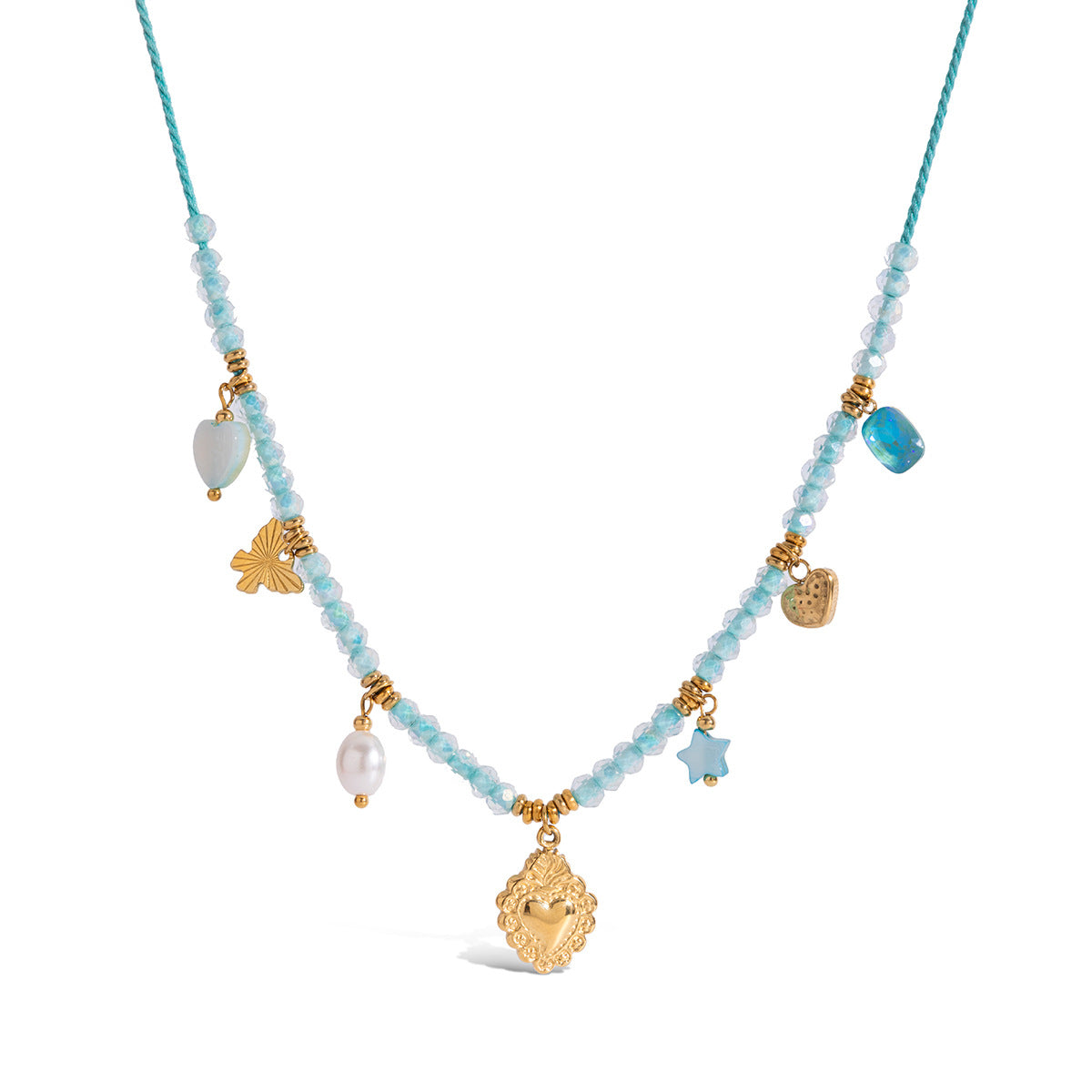 Collana Minimalista Geometrica da Donna in Acciaio al Titanio con Perle e Finitura Placcata, Stile Medaglione, Catenina per Clavicola