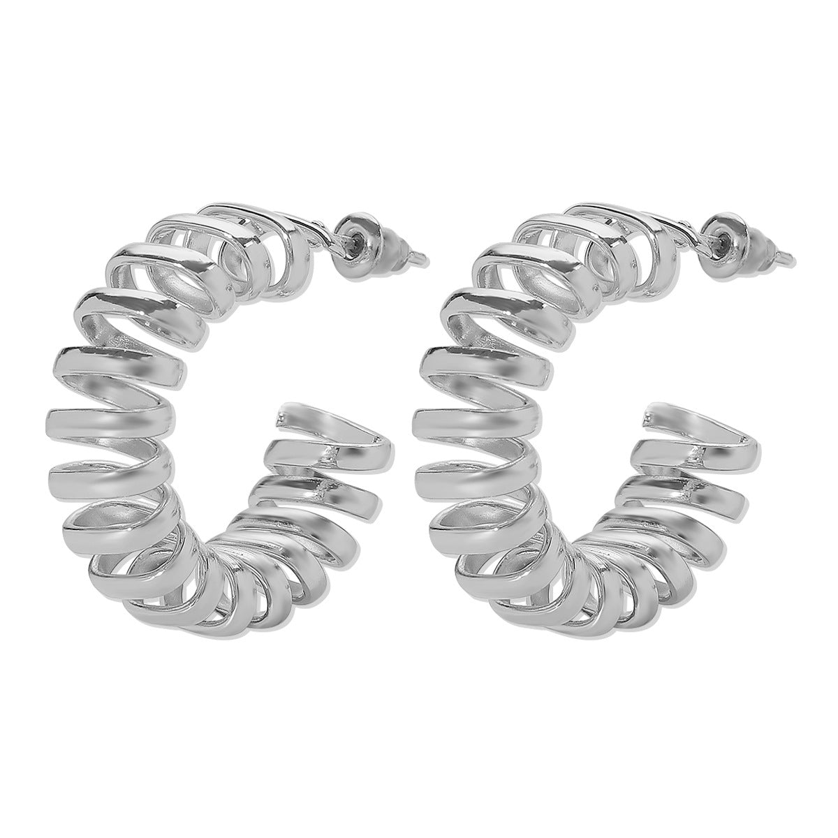 Pendientes de aro geométricos de aleación, dulces y atrevidos, con diseño de muelle en forma de C y detalle espiral hueco