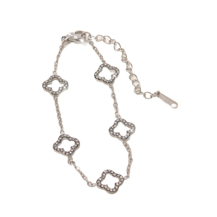 Elegant Stainless Steel Four-Leaf Clover Rhinestone Bracelet for Women