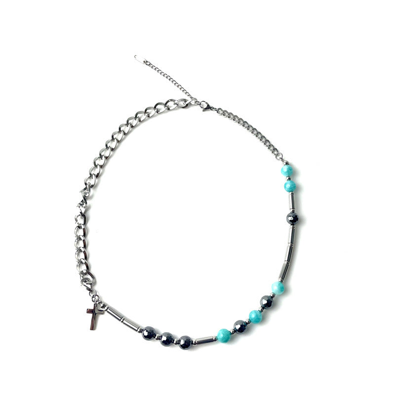 Collar minimalista unisex de acero titanio con colgante de cruz e incrustaciones de piedra natural para hombres y mujeres