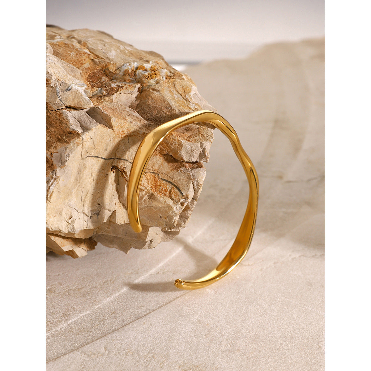 18K Gold Plated Stainless Steel Wavy Open Cuff Bracelet