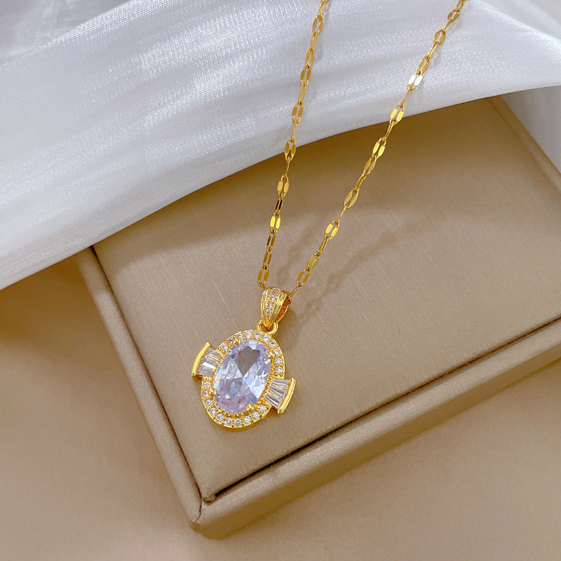 Collana minimalista ovale in zirconia per donna, catena a serpente in acciaio inossidabile con motivo luna