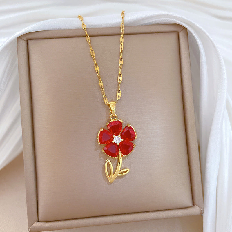 Sweet Minimalist Geometric Moon Floral Rhinestone Brass Pendant Titanium Steel Necklace for Unisex