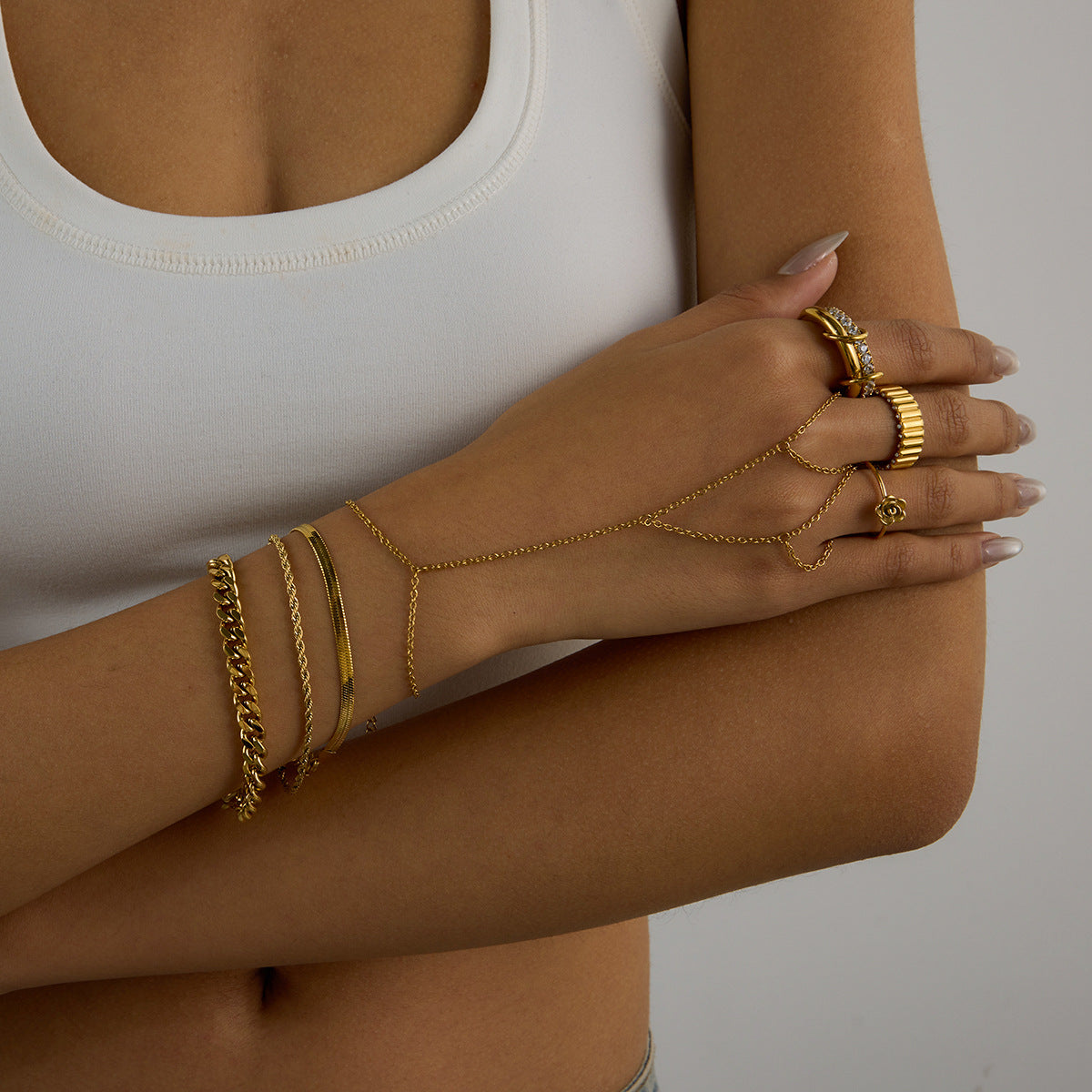 Elegant Minimalist 18K Gold Plated Titanium Steel Geometric Line Bracelet and Ring Set with Cubic Zirconia for Women
