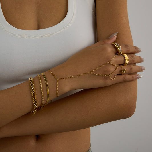 Elegant Minimalist 18K Gold Plated Titanium Steel Geometric Line Bracelet and Ring Set with Cubic Zirconia for Women