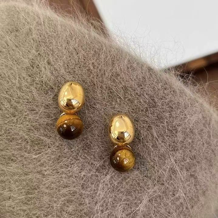 Pendientes de tuerca geométricos de ojo de tigre chapados en bronce mate para mujer, joyería de lujo minimalista artística vintage