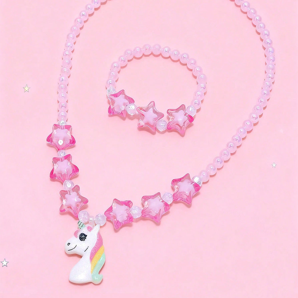 Set Collana Pendente Unicorno Cartone Animato per Bambine con Ciondolo in Resina e Catena di Perline Stile Principessa