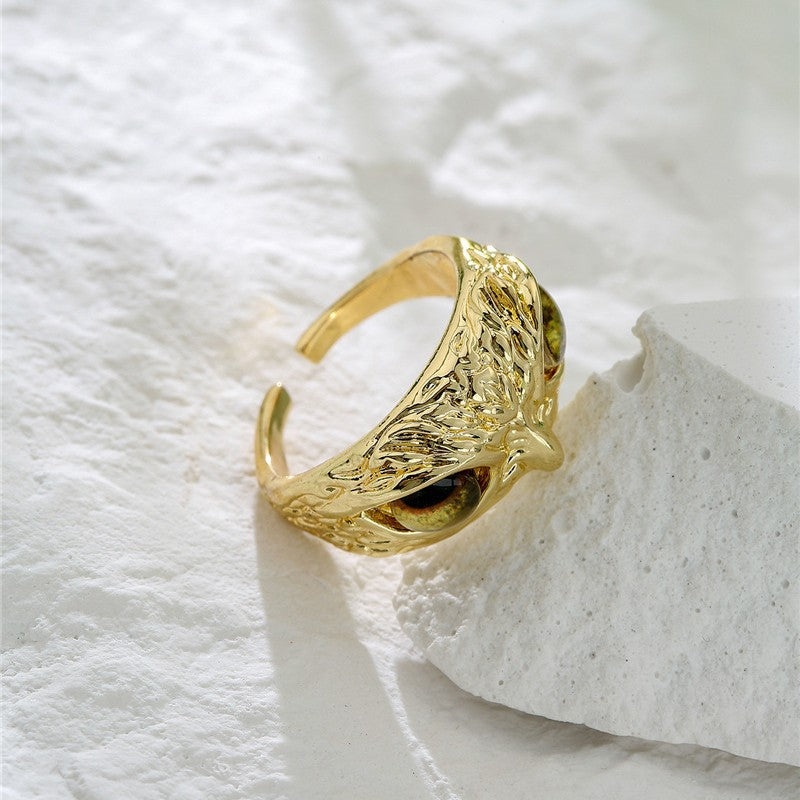 Vintage Bohemian 18K Gold Plated Brass Geometric Owl Ring for Women