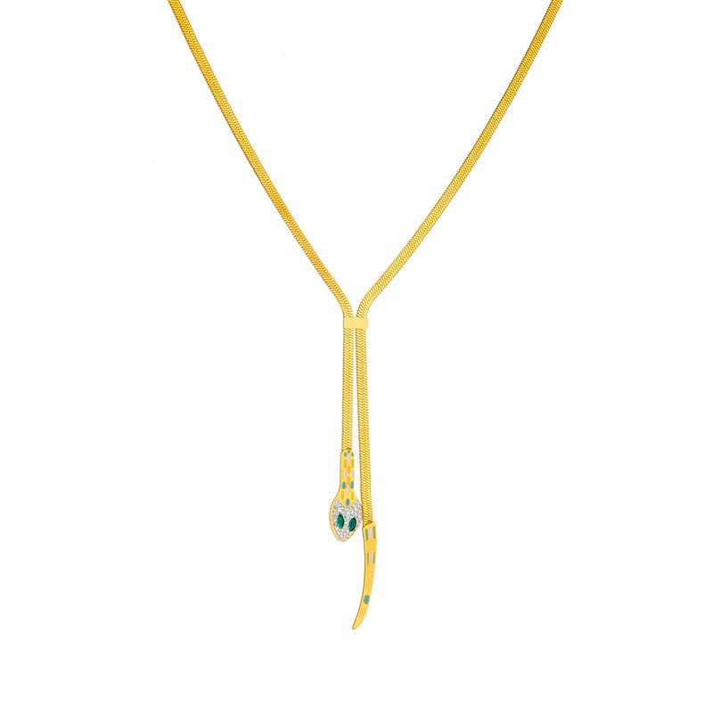 Punk Rhinestone Encrusted Snake Head & Tail Stainless Steel Gold Plated Snake Chain Necklace for Women