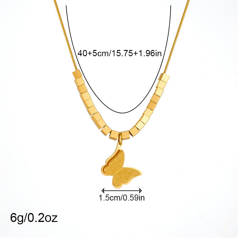 Fashion Matte Textured Gold-Plated Square Butterfly Pendant Necklace Set with Earrings and Bracelet for Women