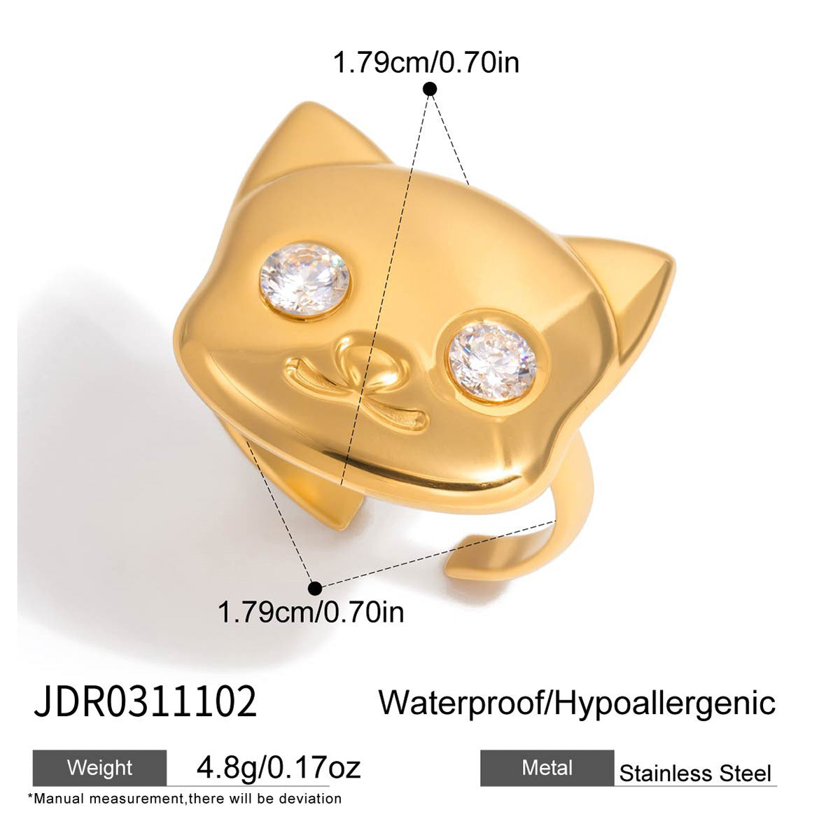 Anello a forma di gatto in acciaio al titanio geometrico con intarsio in zirconia per donna, anello di lusso placcato in oro PVD sottovuoto