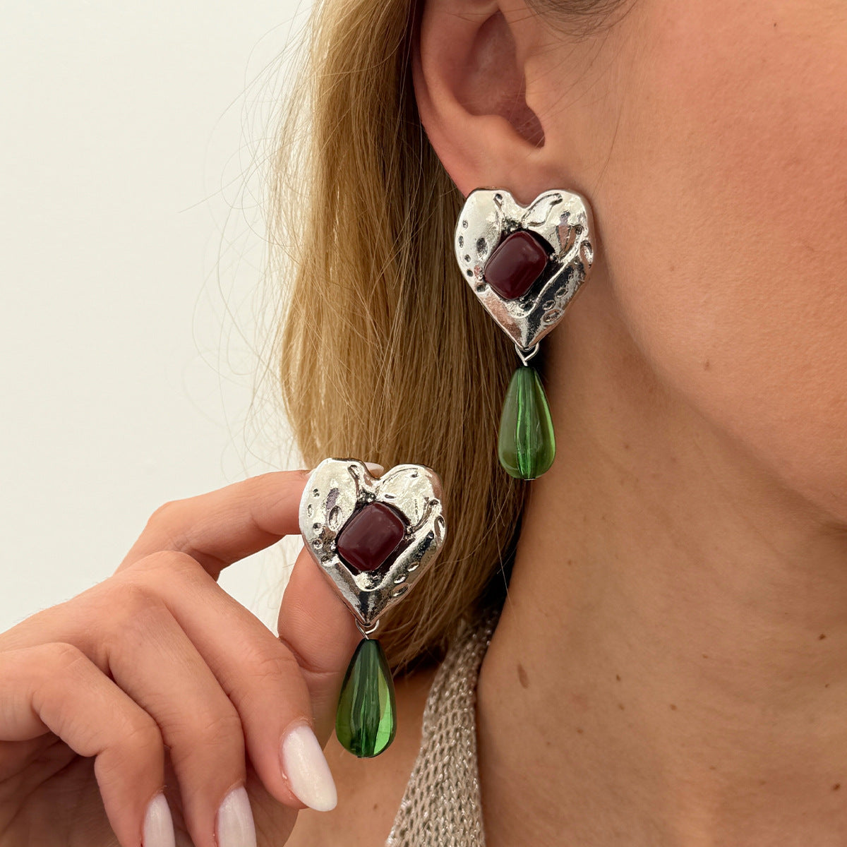 Geometric Heart Gemstone Inlay Alloy Plated Earrings for Women