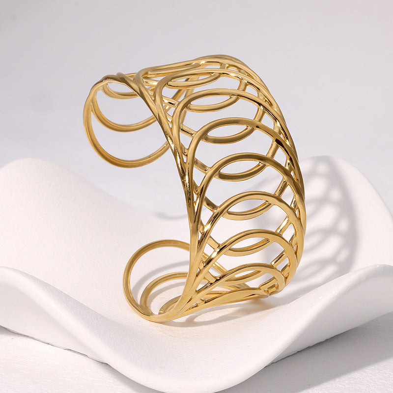 Minimalist Geometric Hollow-Out Cross-Line Stainless Steel Bracelet for Women with Plated Finish