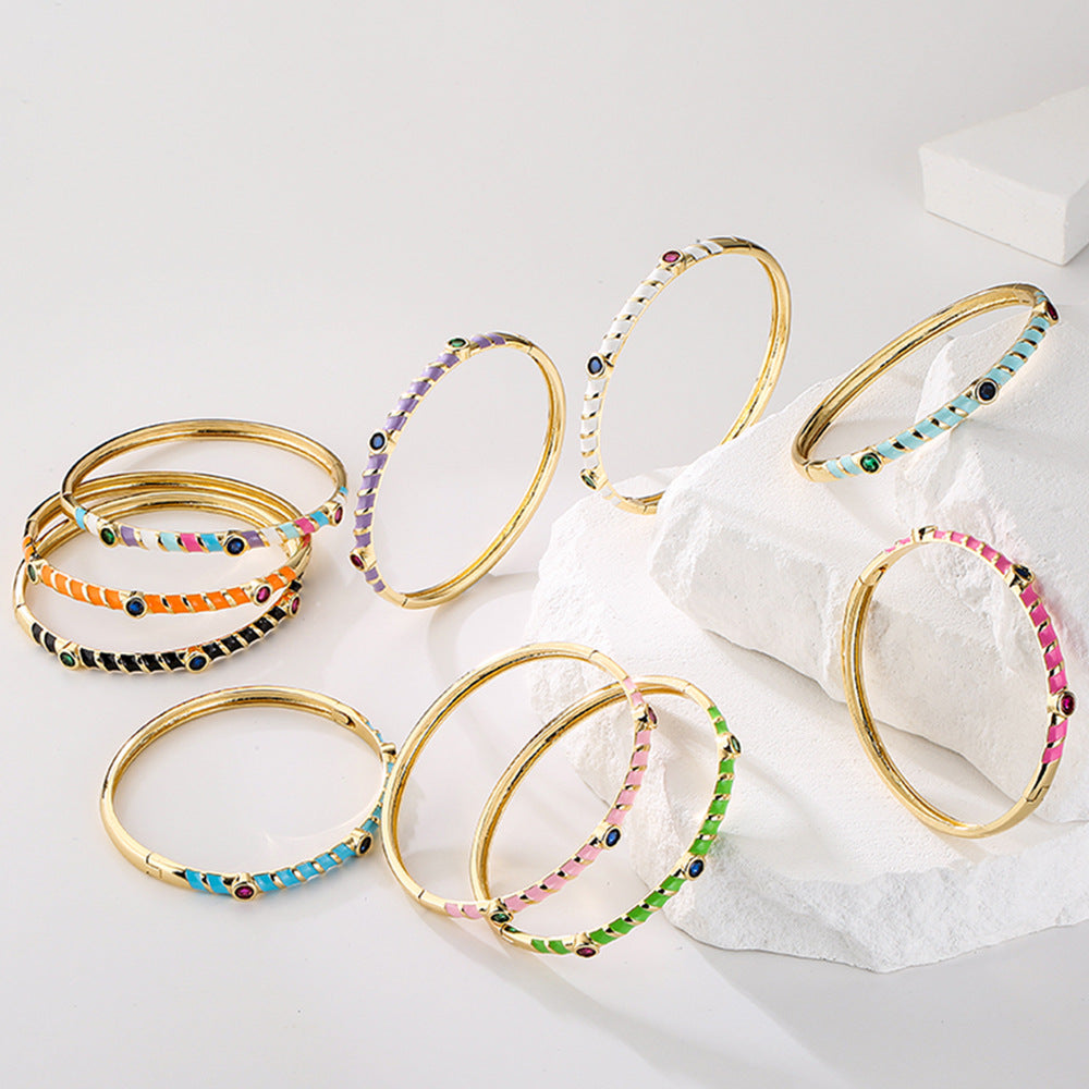 Bracciale in Rame Stile Bohemien con Placcatura in Oro e Finitura a Smalto, Intarsio in Zirconia, Gioielli Artigianali Unici da Donna
