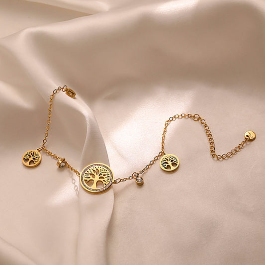 Vintage Minimalist Gold Plated Titanium Steel Tree of Life Geometric Bracelet with Cubic Zirconia for Women
