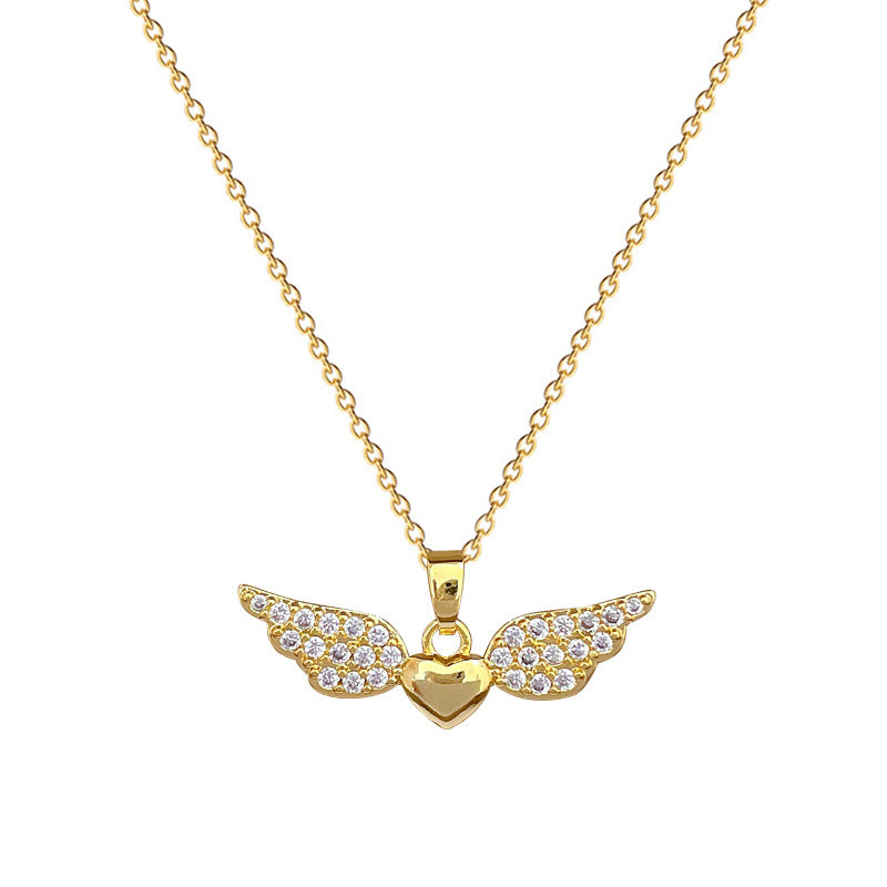 Elegant Titanium Steel Delicate Heart Wing Pendant Necklace for Women with Full Rhinestone Inlay, Dainty Clavicle Chain in Geometric Design