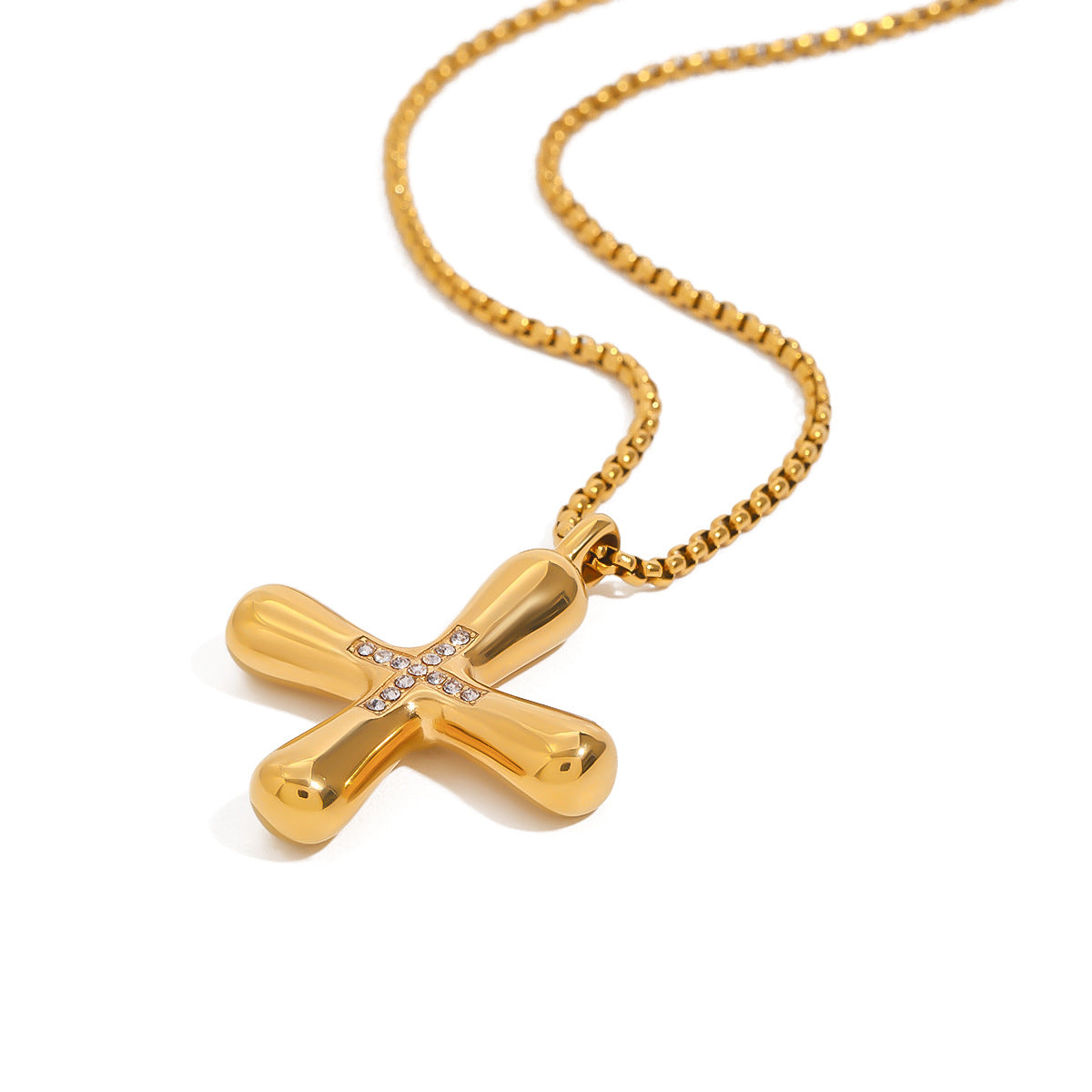 Collana Pendente a Croce Minimalista da Donna in Acciaio al Titanio con Intarsio di Strass e Finitura Placcata
