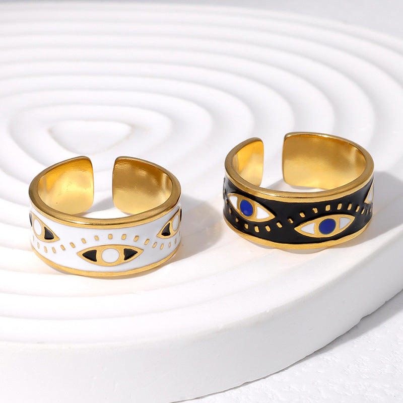 Minimalist Evil Eye Titanium Steel Ring with Enamel Detailing Adjustable Open Band for Unisex Wear