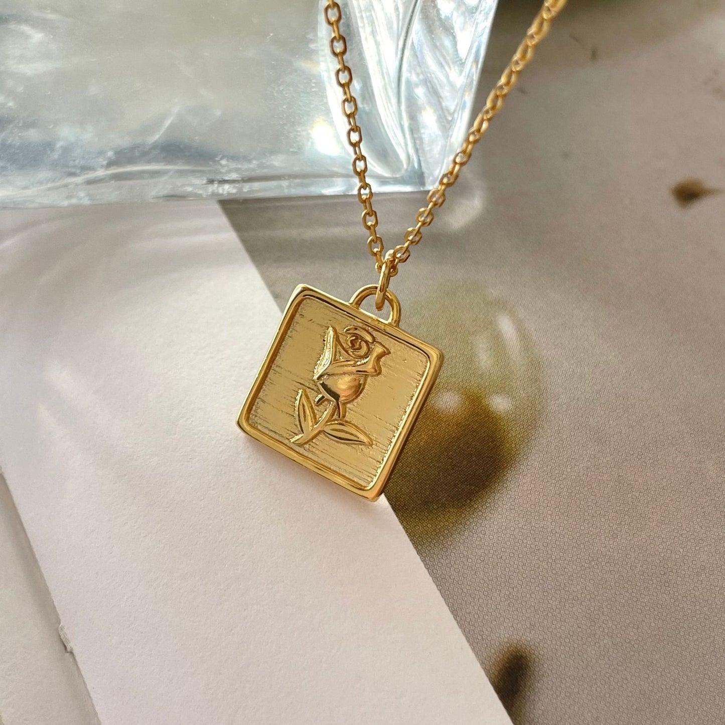 Sweet 925 Sterling Silver Geometric Square Floral Rose Necklace