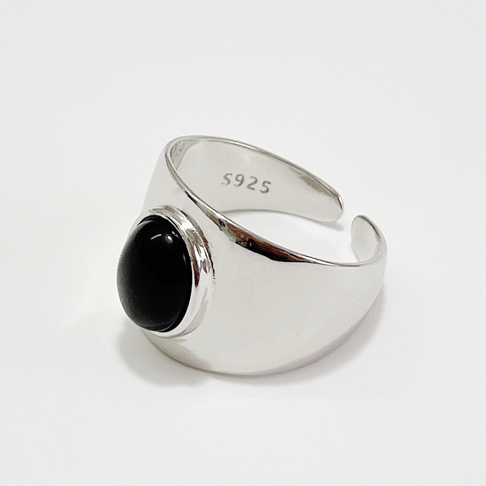 Minimalist 925 Sterling Silver Round Inlaid Black Agate Polka Dot Ring for Women