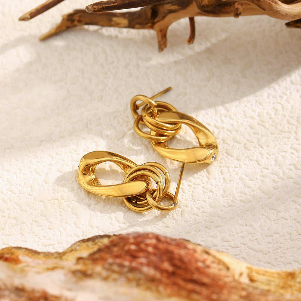 Minimalist Geometric Stainless Steel Earrings with 18K Gold Plating and Rhinestone Accents for Women