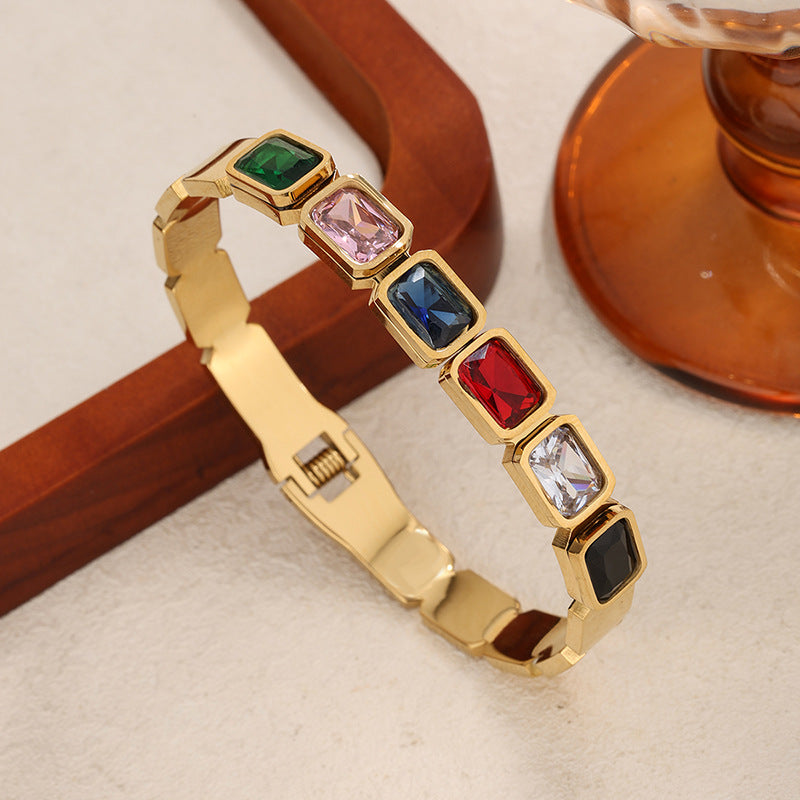 Vintage Geometric Square Rhinestone Plated Titanium Steel Bracelet Stackable