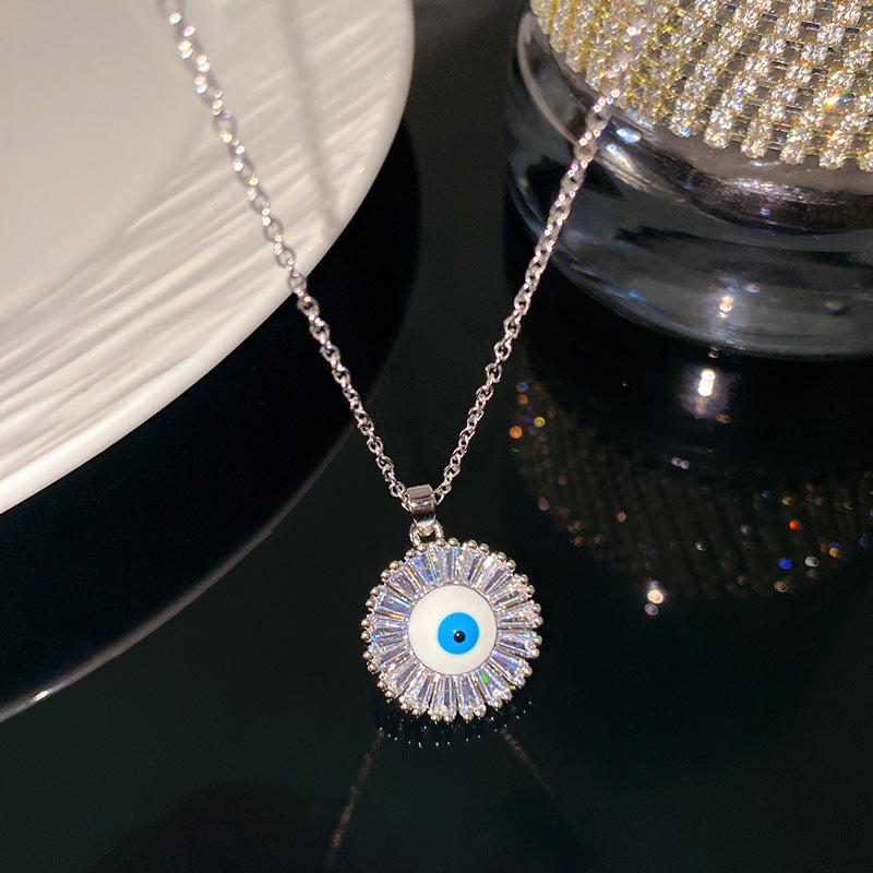 Sporty Sweet Evil Eye Floral Pendant Titanium Steel Necklace with Cable Chain