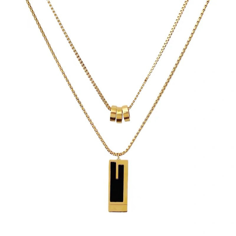 Minimalist Geometric Titanium Steel Double-Layer Pendant Necklace for Women and Men with Polished Finish and Chic Long Sweater Chain Design