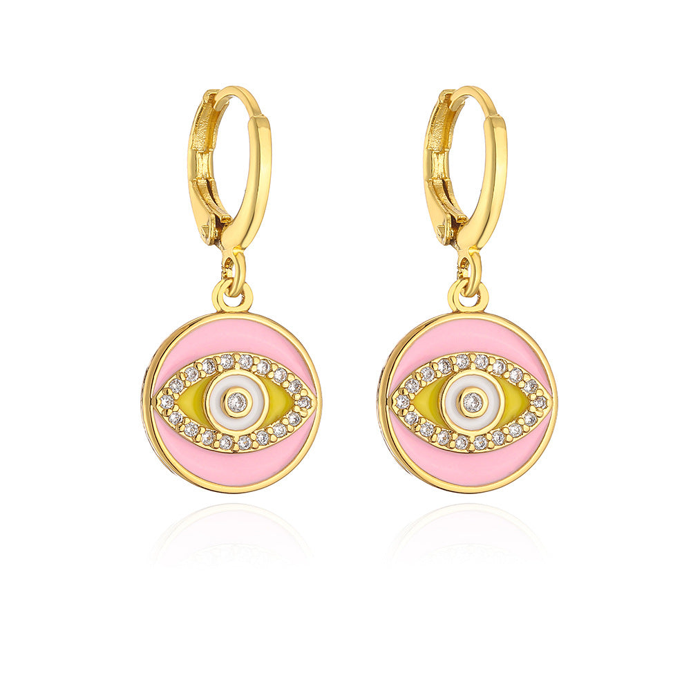 Orecchini da donna in rame in stile bohémien con placcatura in oro 18 carati e design a occhio di Allah geometrico smaltato in zirconia