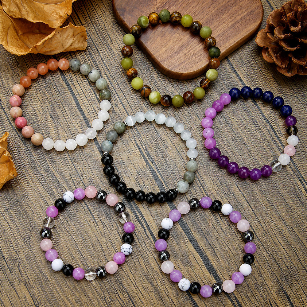 Bohemian Geometric Beaded Bracelet with Natural Stone Beads 8mm Graduated Color Elastic Bracelet for Women and Men